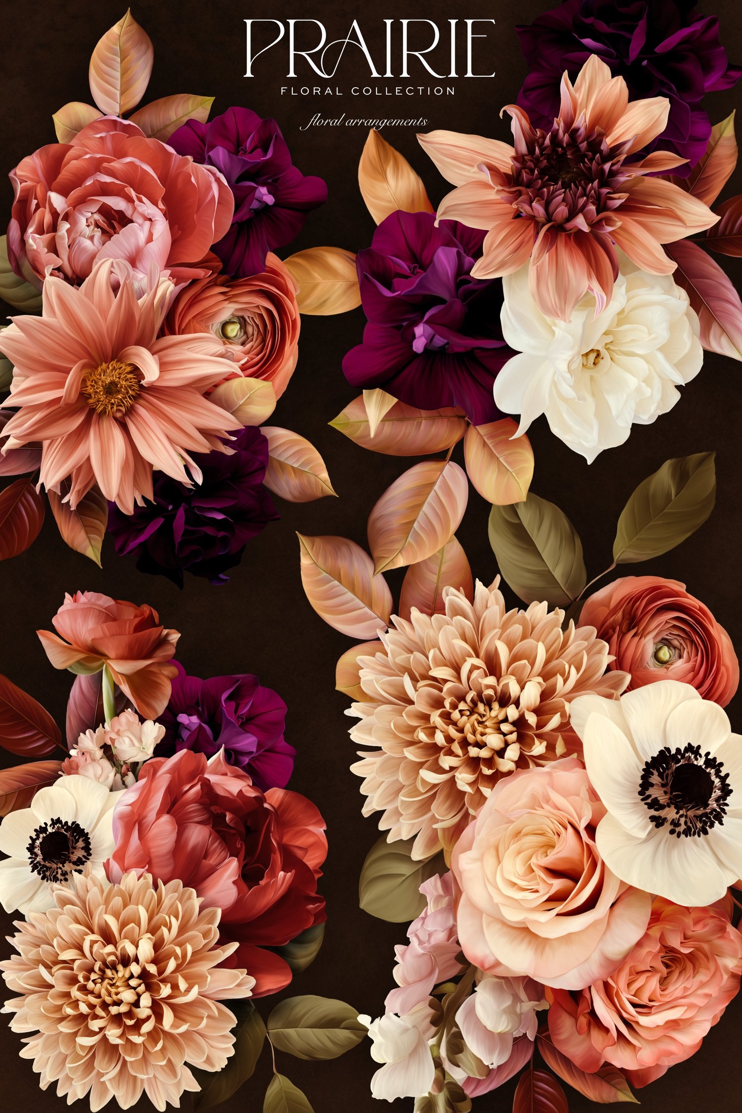 Pink peach and white flower graphics with the words Prairie Floral Collection