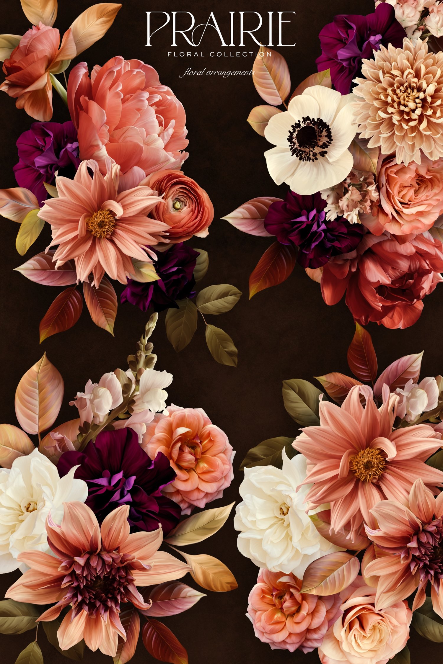 Pink peach and white flower graphics with the words Prairie Floral Collection