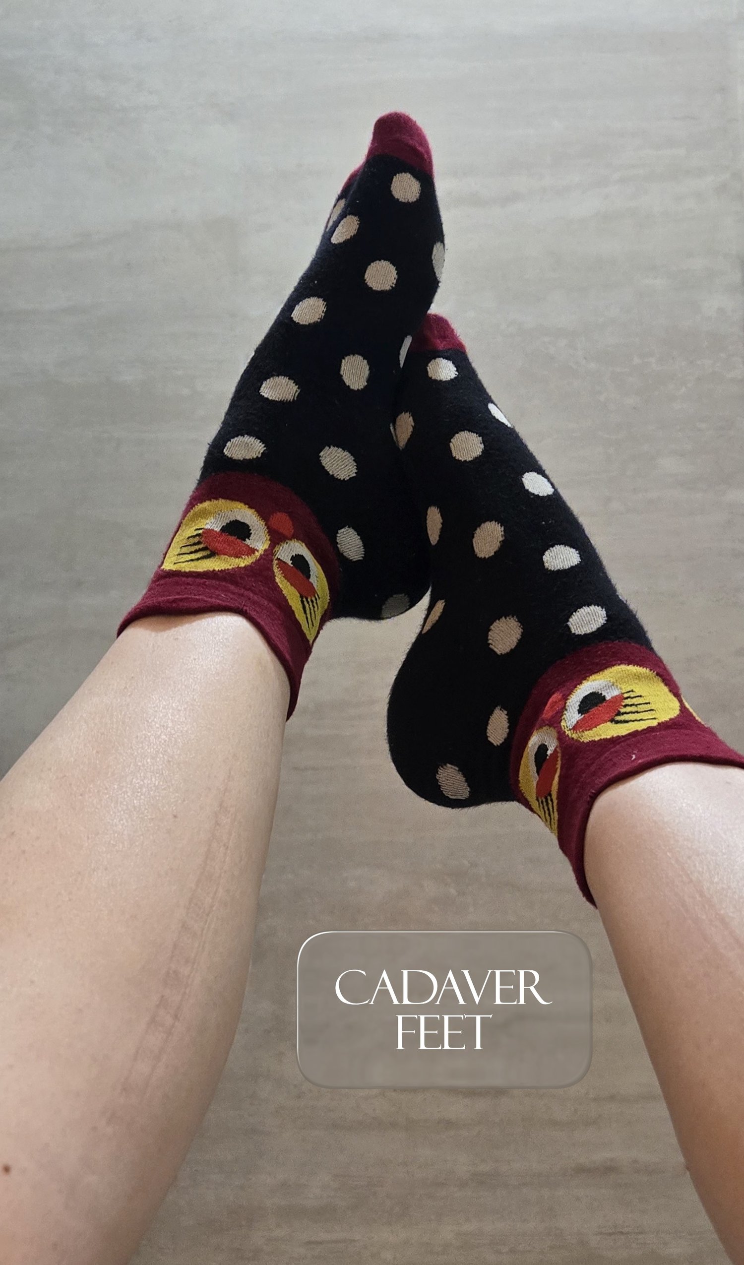 Fashionable black with white polka dot owl socks on a grey backgorund.