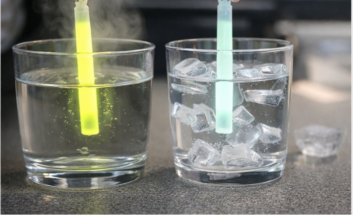 Two glow sticks in water with one glowing brighter, demonstrating bioluminescence.