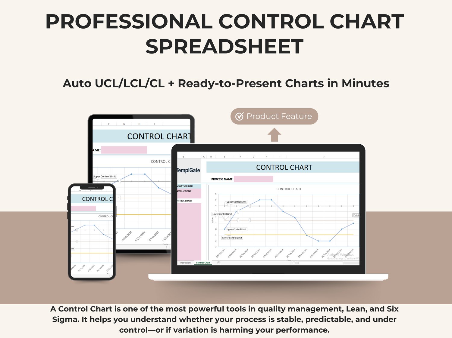 Control Chart Excel template showing process values over time with center line (CL) and upper/lower control limits (UCL/LCL) for Six Sigma quality monitoring.