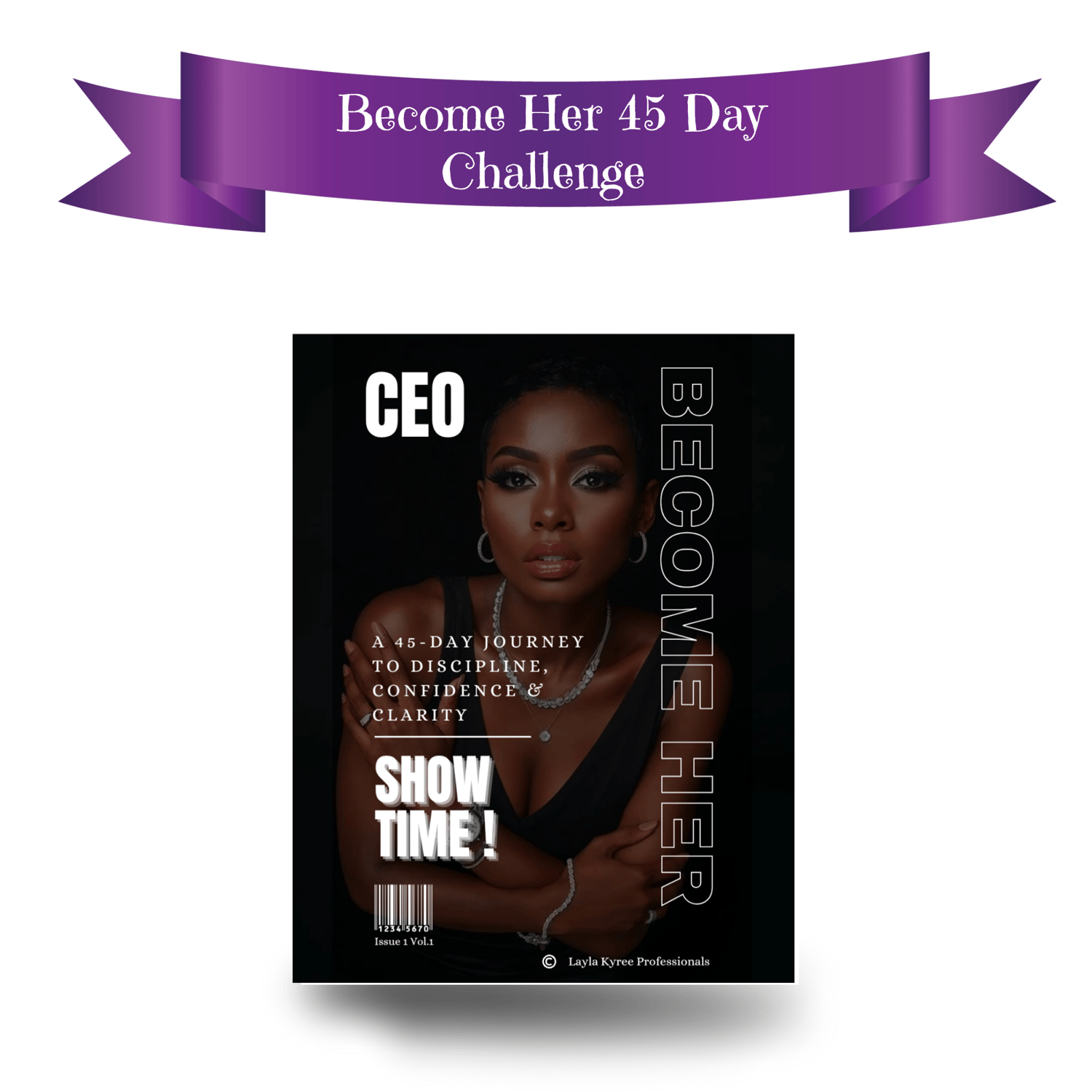 Woman posed elegantly with text and barcode like a magazine cover