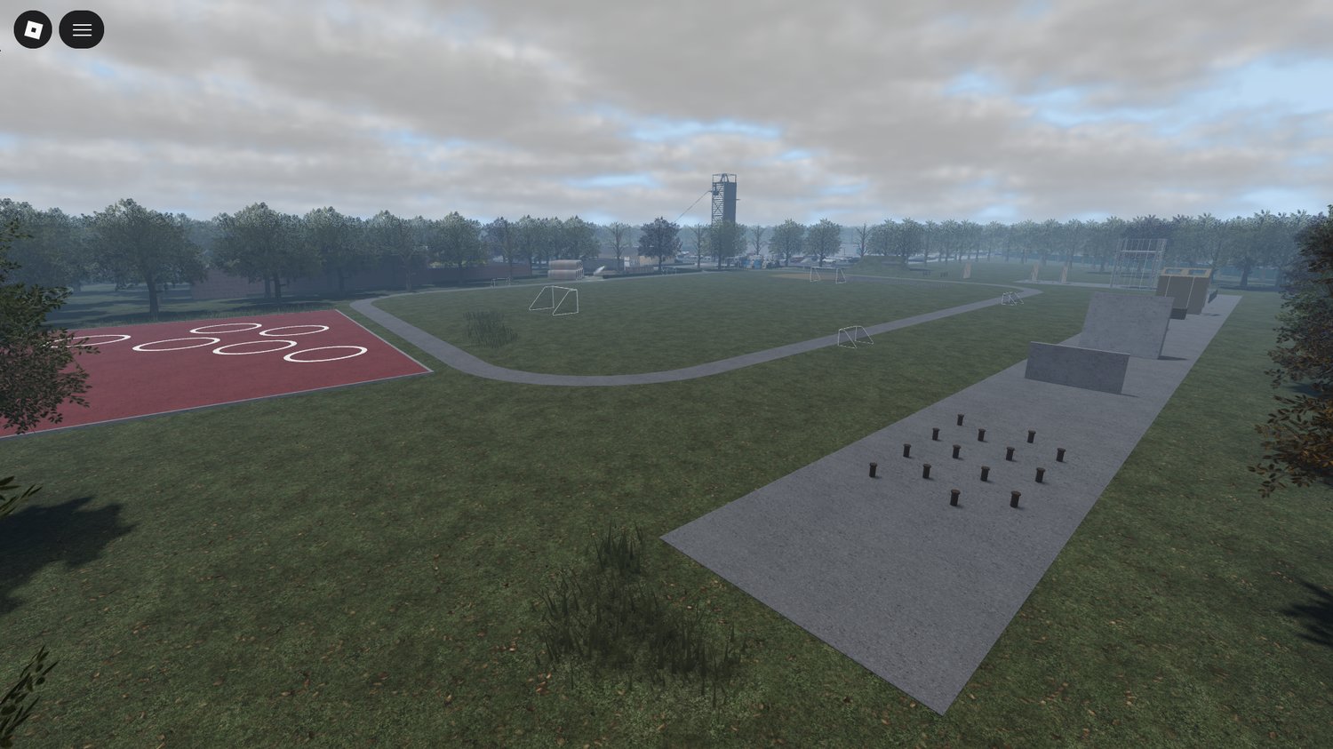 Wide exterior view of Engelbrecht V2 military base in Roblox