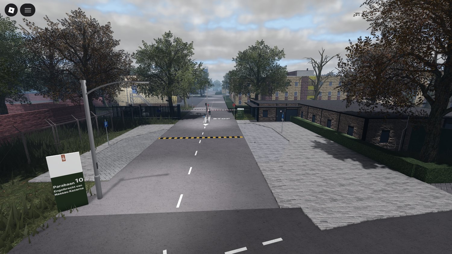 Ground-level view of a structured military compound in Roblox
