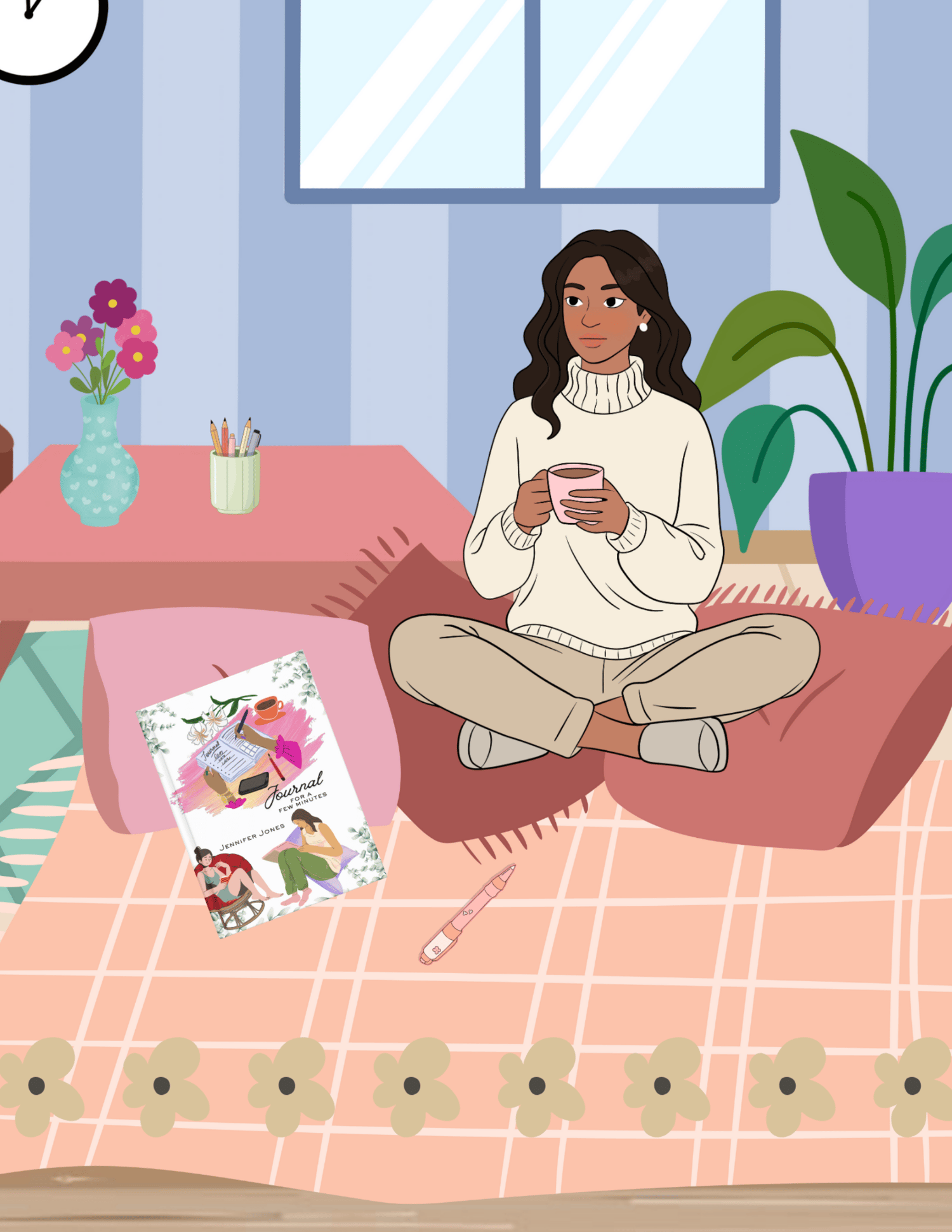 A young woman is sitting comfortable on a rug and throw pillows on the floor with a cup of coffee. She is excited as she is preparing to write in her journal entitles "Journal for a Few Minutes" which is a digital printable download journal.