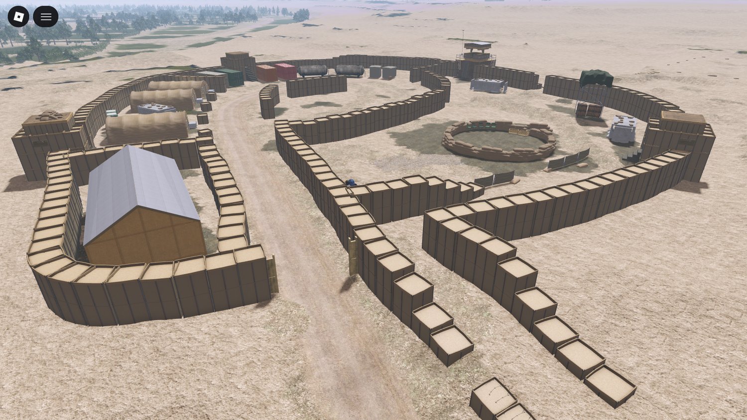 Wide landscape view of a large-scale Roblox combat environment