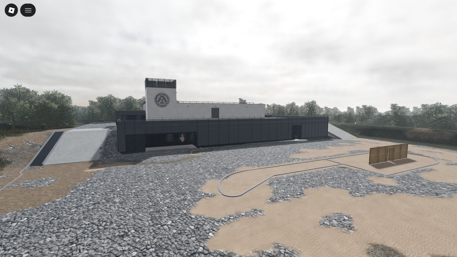 Cinematic view of a realistic Roblox training facility