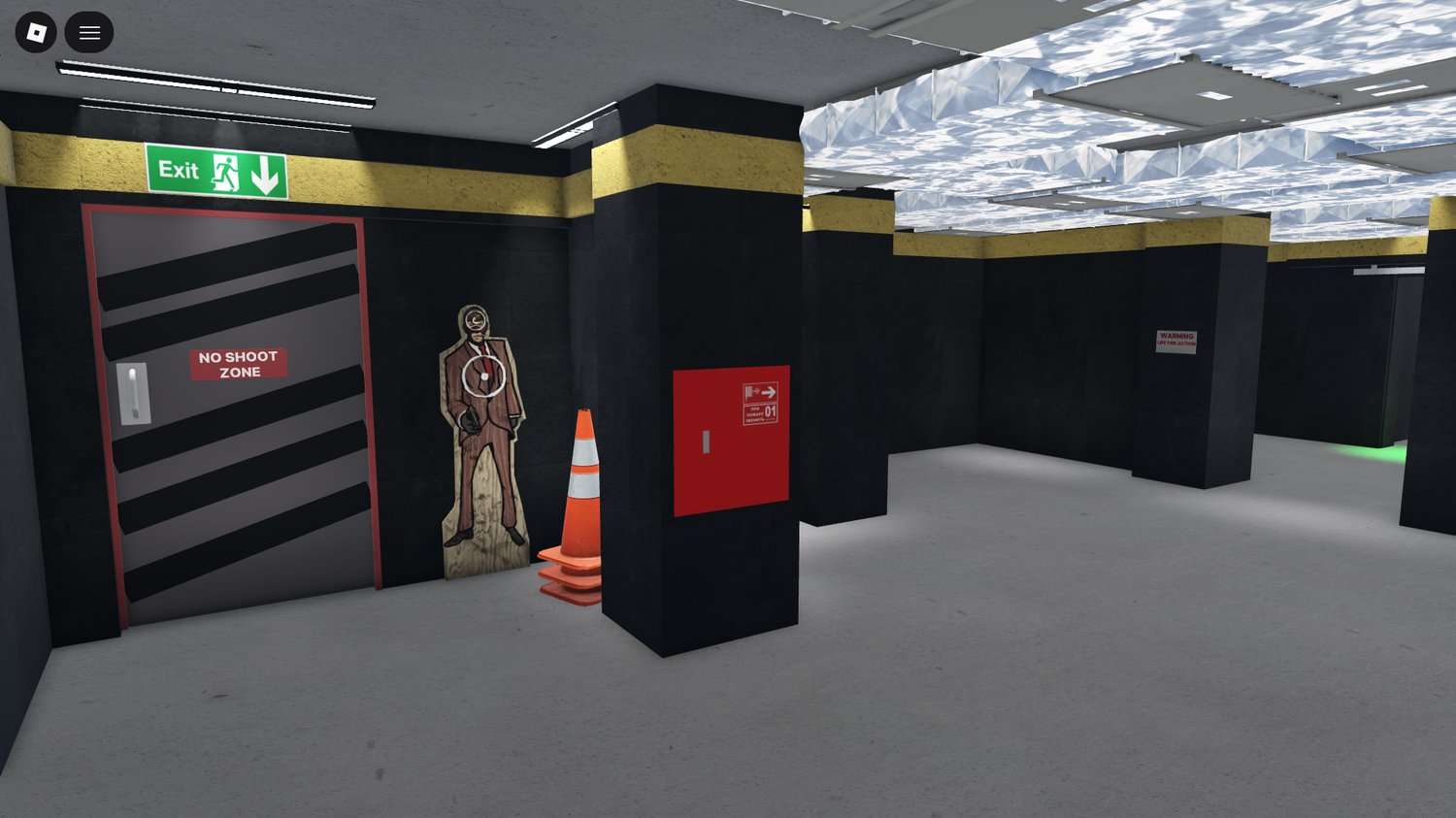 Roleplay tools displayed within a Roblox shooting range map