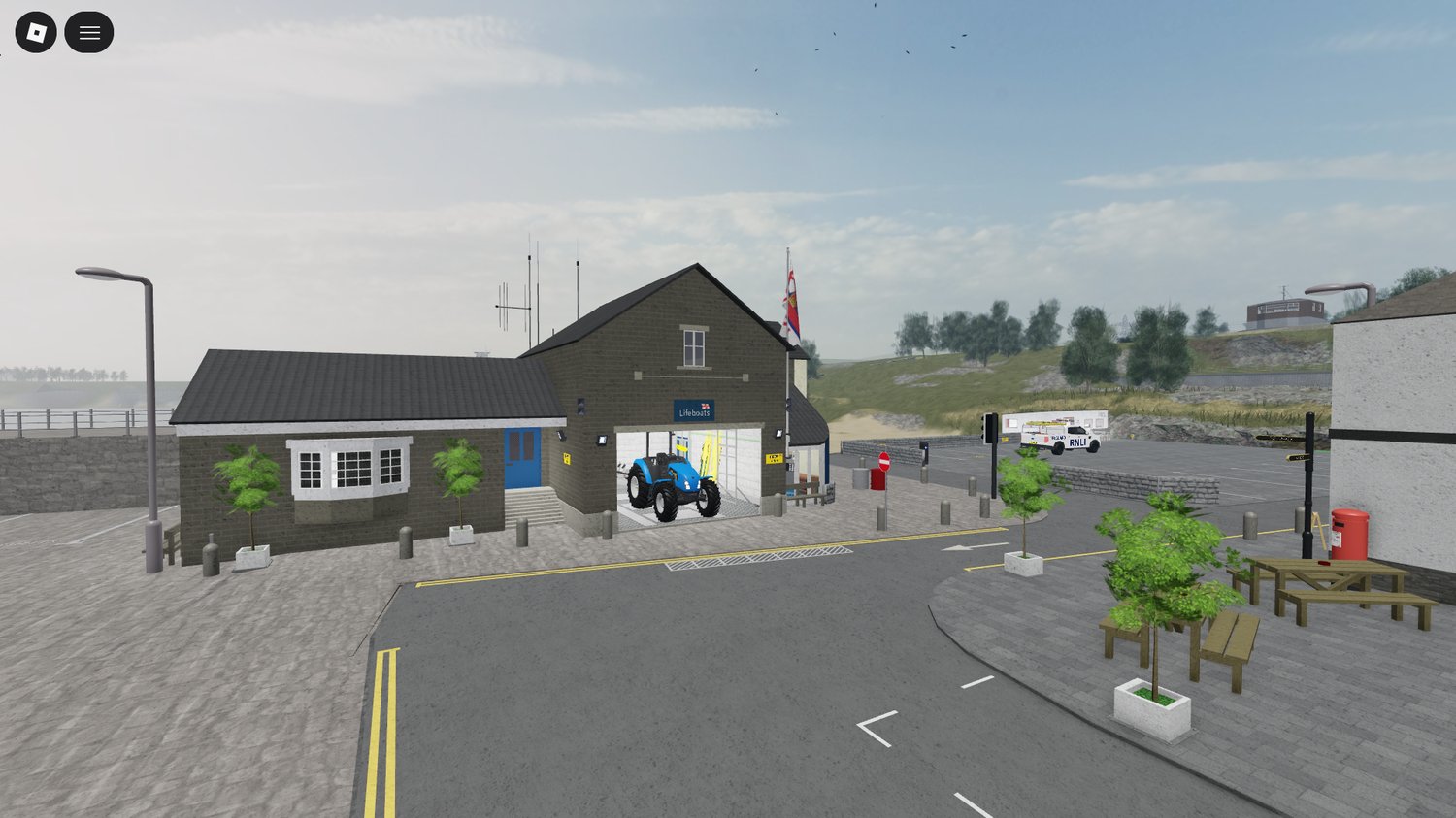 Beachfront area within a realistic Roblox seaside town