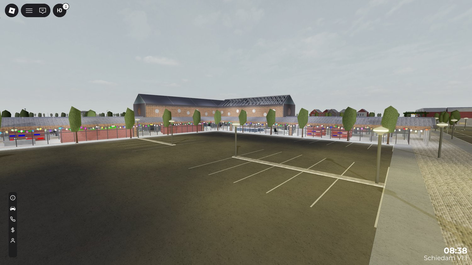 Wide street view of a large unfinished Roblox town environment