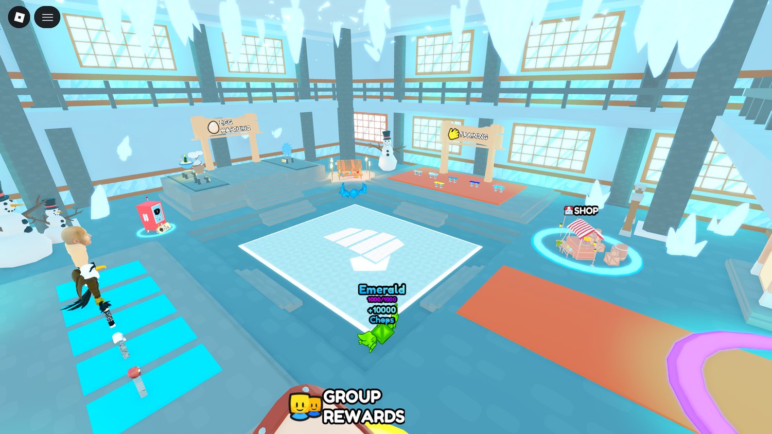 Players training in dojo-style areas with fight characters in Roblox