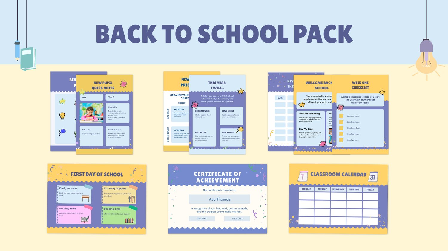 Back to school teacher organisation templates collection – 10 colourful editable Canva worksheets and posters for classroom setup, checklists, timetables, key dates and student information, by Advisory Science.