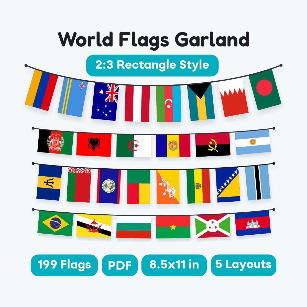 World Flags Garland Printable 199 Countries Rectangle Banner Set - fizzia.store