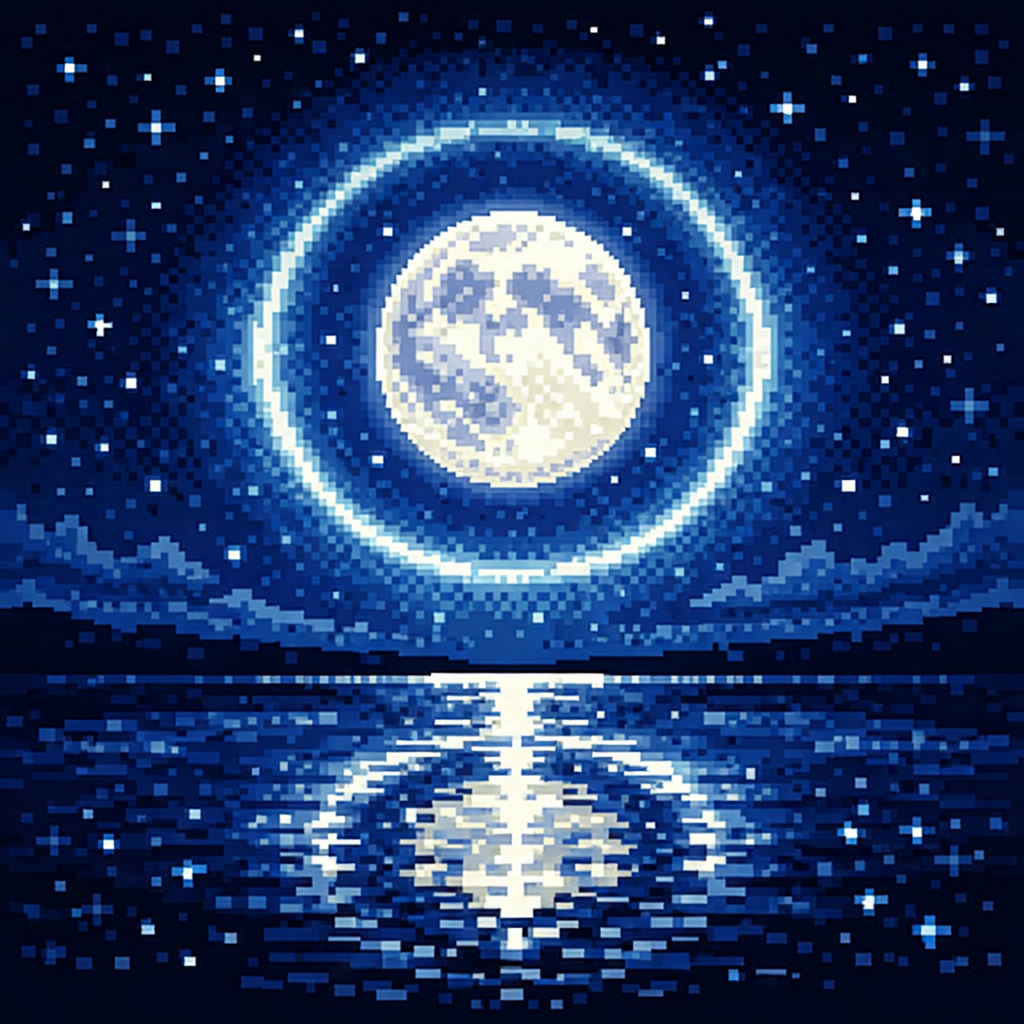 Pixel art of a full moon surrounded by a luminous halo in a star-filled night sky, reflected in calm water below, creating a quiet, symmetrical scene of light and stillness.  If you want a slightly more poetic (but still accessible) option:  Pixel art sho
