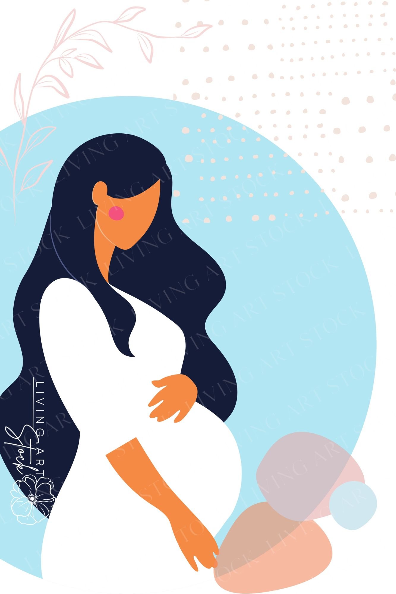 This artistic, flat-design illustration features a minimalist silhouette of a pregnant woman cradling her baby bump. Set against a soft blue circular backdrop, the woman has long, flowing dark hair and wears a simple white dress. The composition is accent