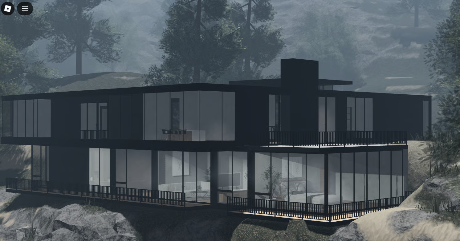 Luxury Roblox mansion exterior set in a mountainous environment