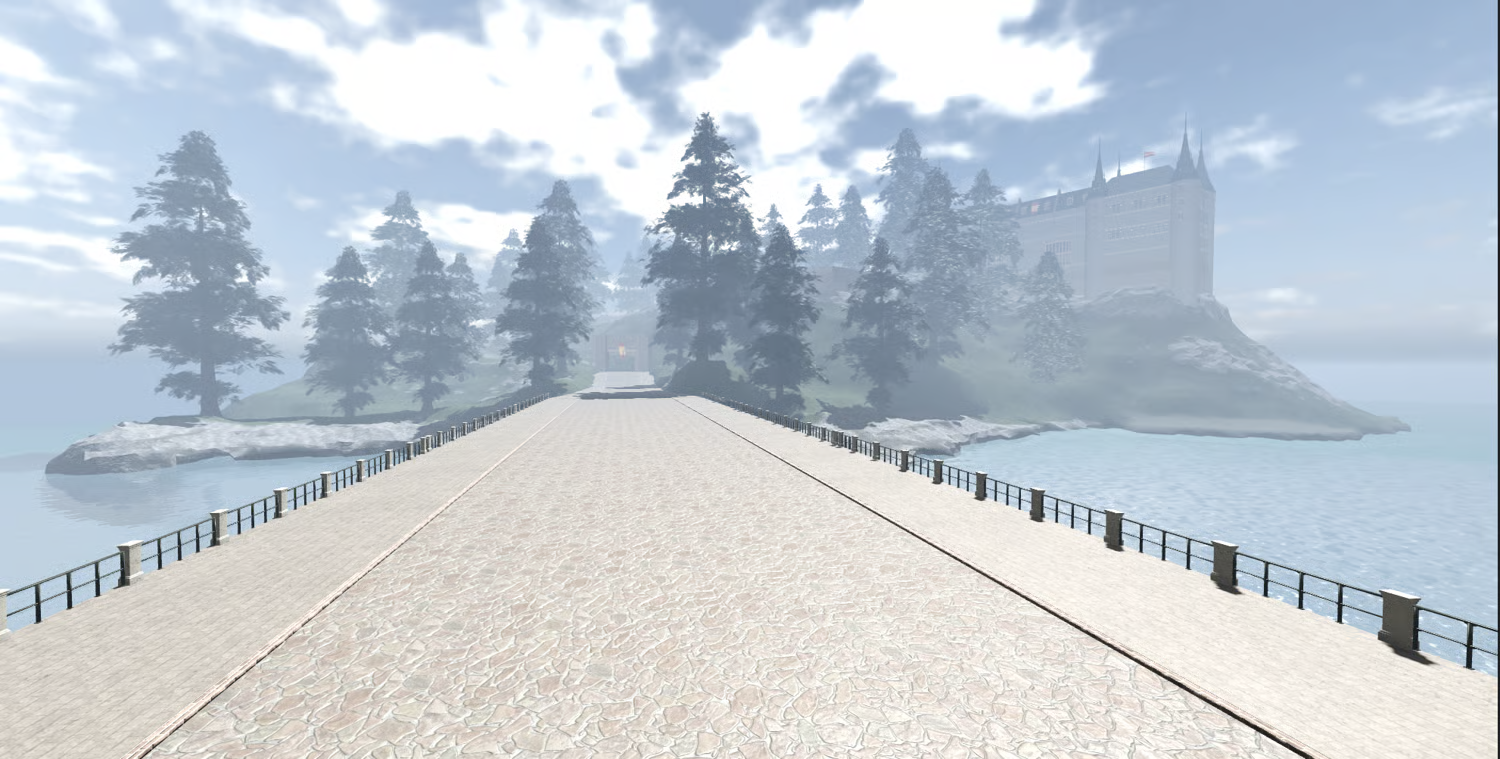 Island castle surrounded by rocky terrain in Roblox