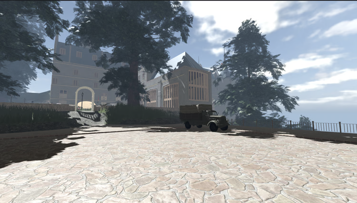 Stone bridge connecting city to island in a Roblox environment