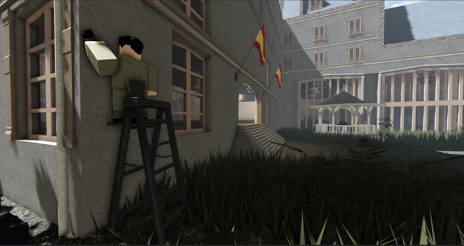 Industrial rail yard with broken tracks in a Roblox city map