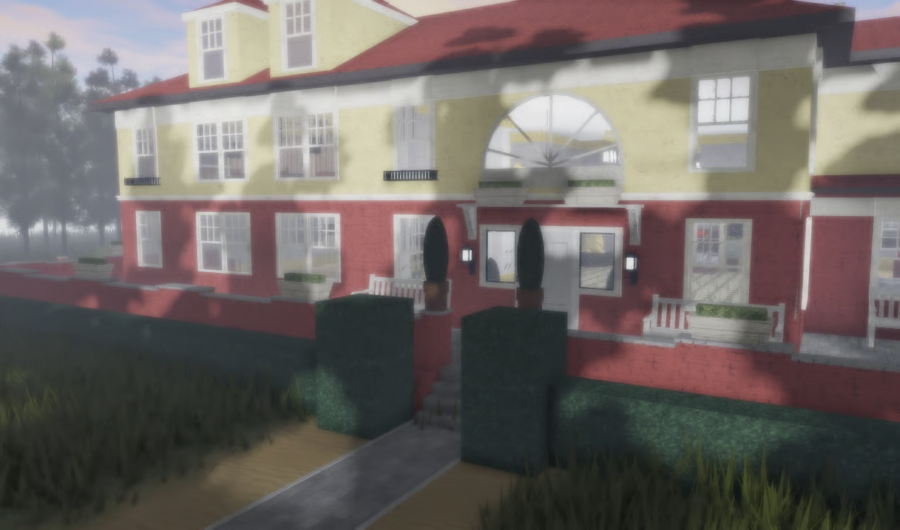 Landscaped gardens and pathways surrounding a Roblox estate