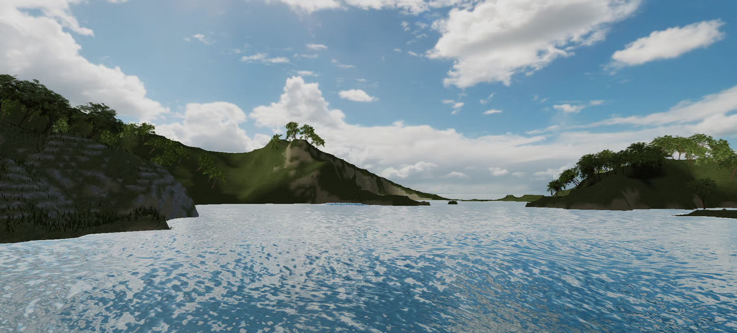 Lighthouse and barriers spread across a Roblox island environment