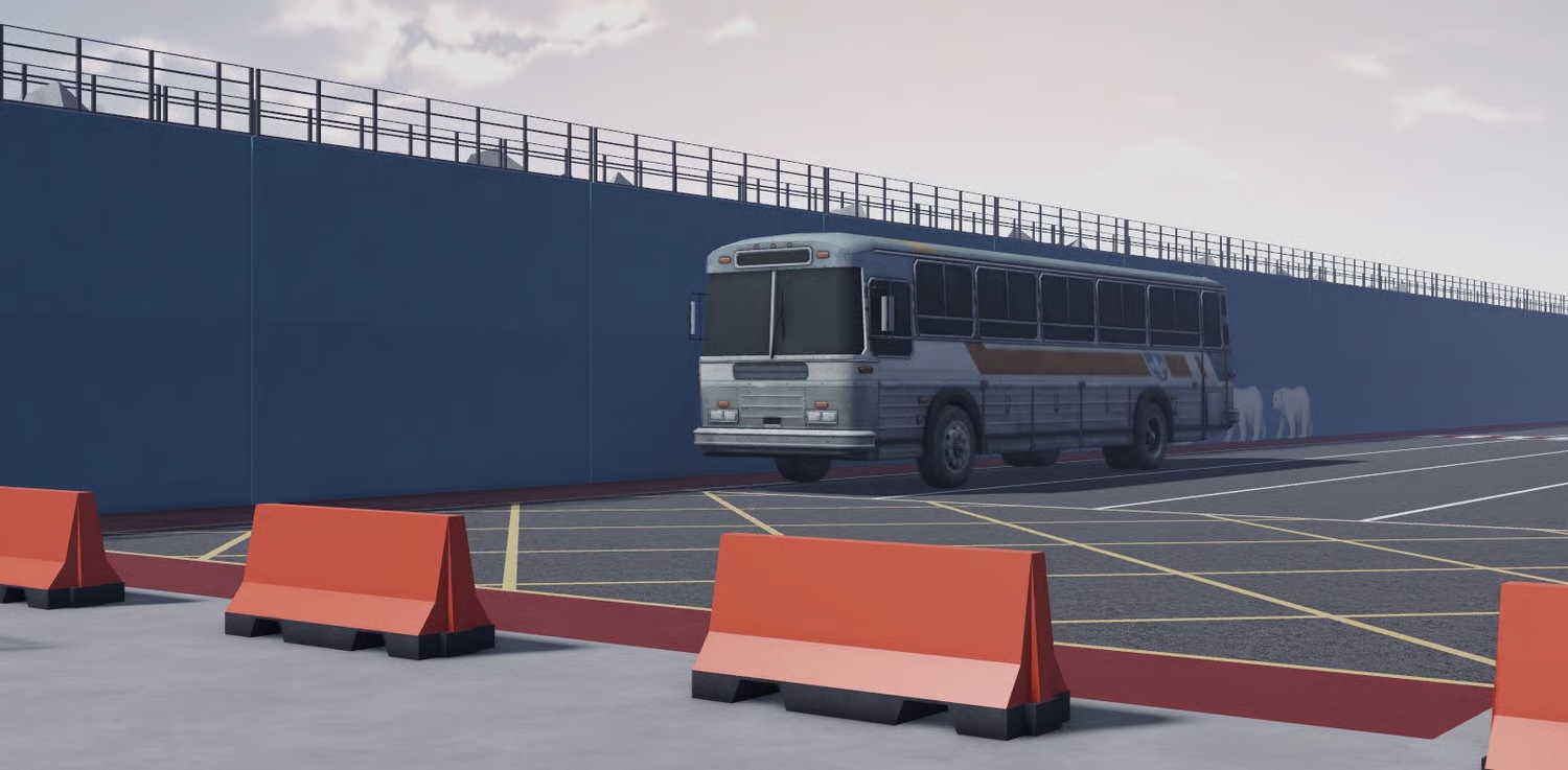 Terminal buildings and office structures in a Roblox harbor map