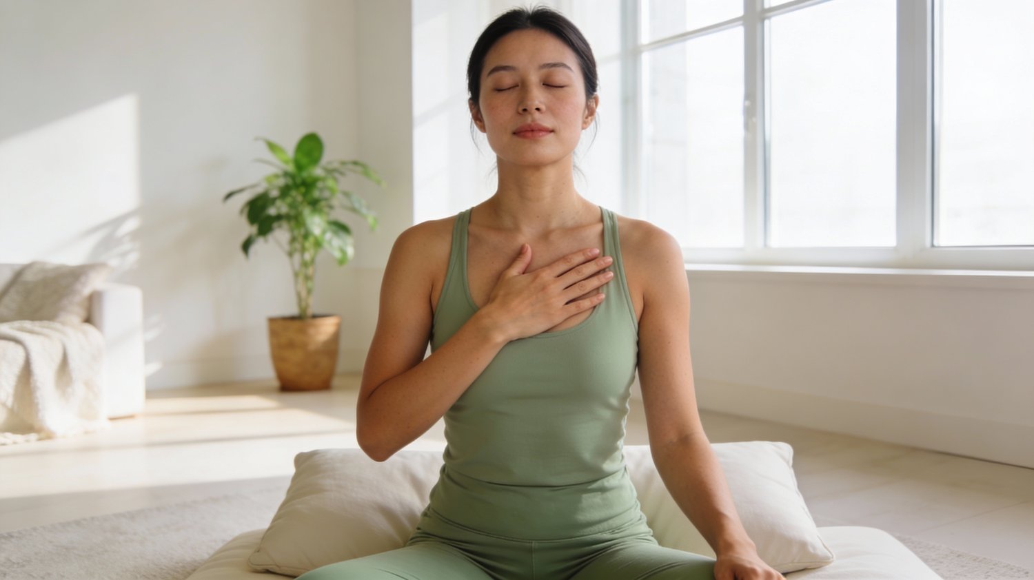 Frau praktiziert tiefe Atemübungen gegen Stress zu Hause in ruhiger Atmosphäre