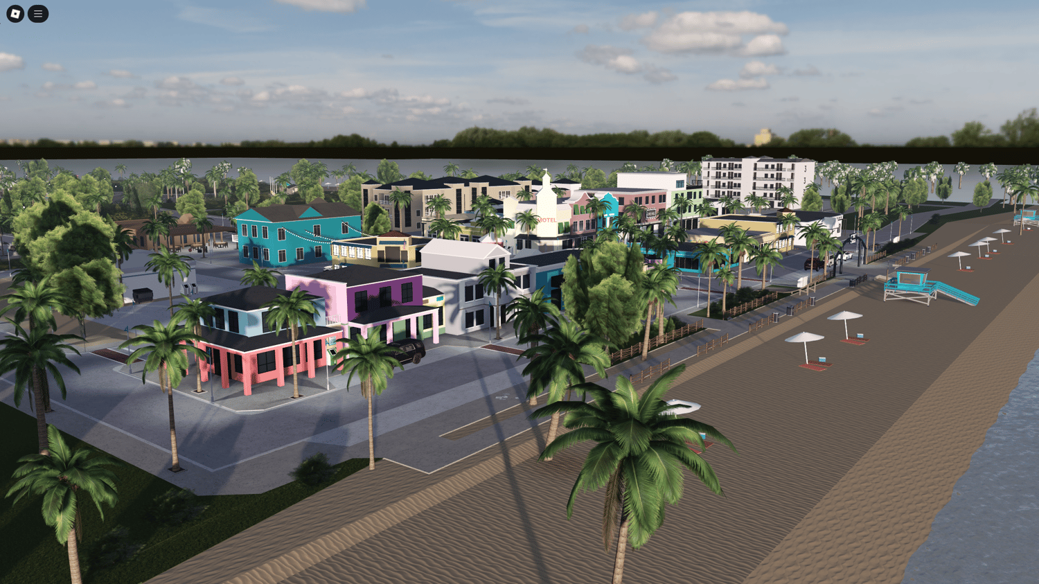 Tropical island city with modern buildings and coastline