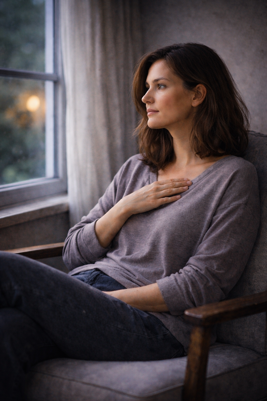 A woman sitting quietly in soft evening light, one hand resting on her chest, paused in reflection and emotional awareness, symbolizing calm, self-attunement, and nervous system safety.