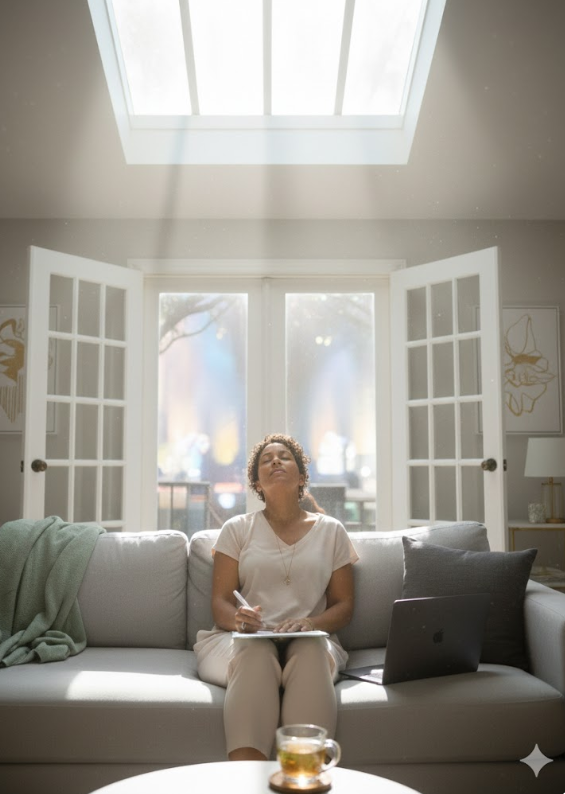 A woman in a light-filled, modern living room engaging in a faith-based grief Think Session using a downloaded worksheet from The Grieve Loud Collective. Stylish black and gold decor accents the room as she reflects with a pen and laptop nearby