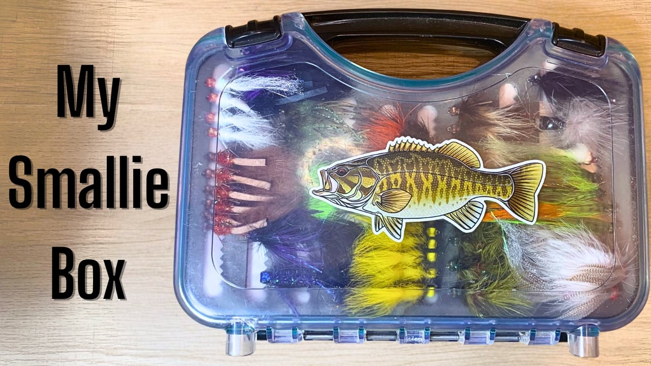 Fly box suitcase with smallmouth bass flies, featuring a smallmouth bass sticker.