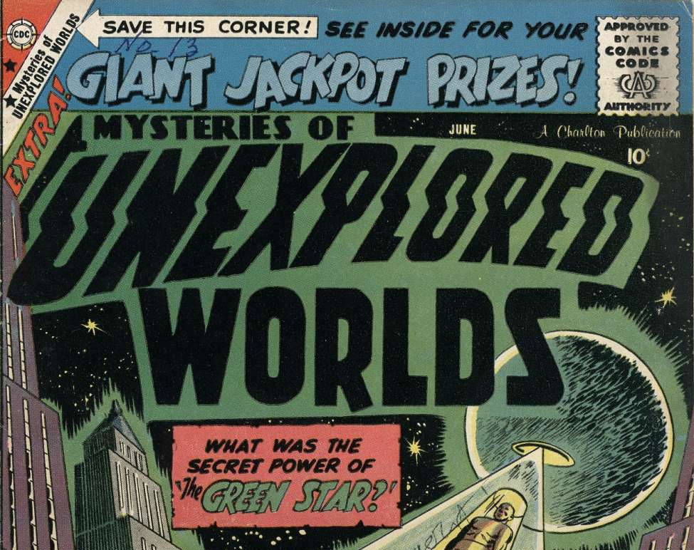 The original 1959 Charlton comic book cover for Mysteries of Unexplored Worlds featuring the teaser question 