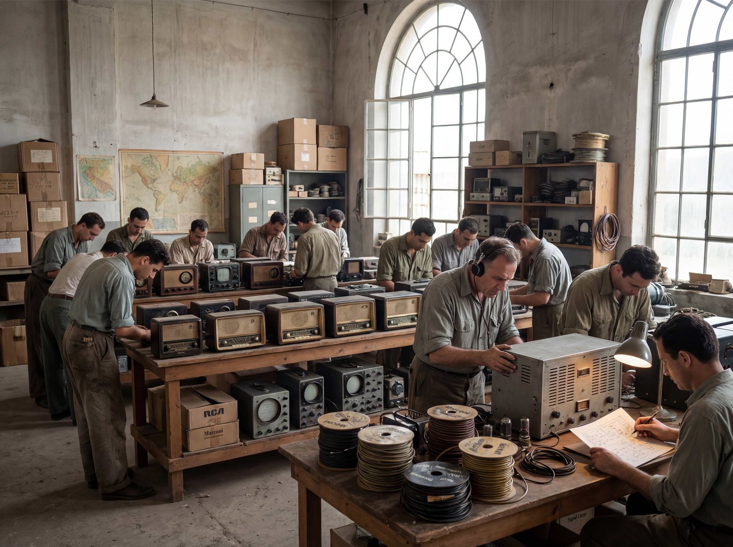 A photorealistic depiction of a 1952 Israel signals intelligence warehouse filled with twelve technicians working on vintage surplus radios from British and American military stocks. The scene is ultra-detailed, showcasing their intense concentration and the vintage equipment with perfect lighting. Historical espionage elements are emphasized, creating an atmosphere of curiosity and innovation.
