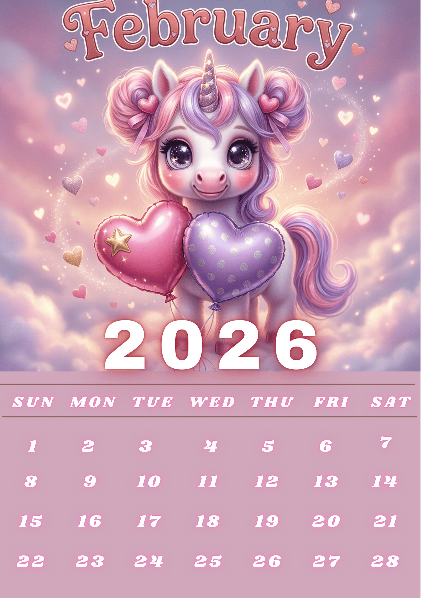 2026 Cute Kawaii Unicorn Monthly Calendar | 13 Pages | A4 Printable ...