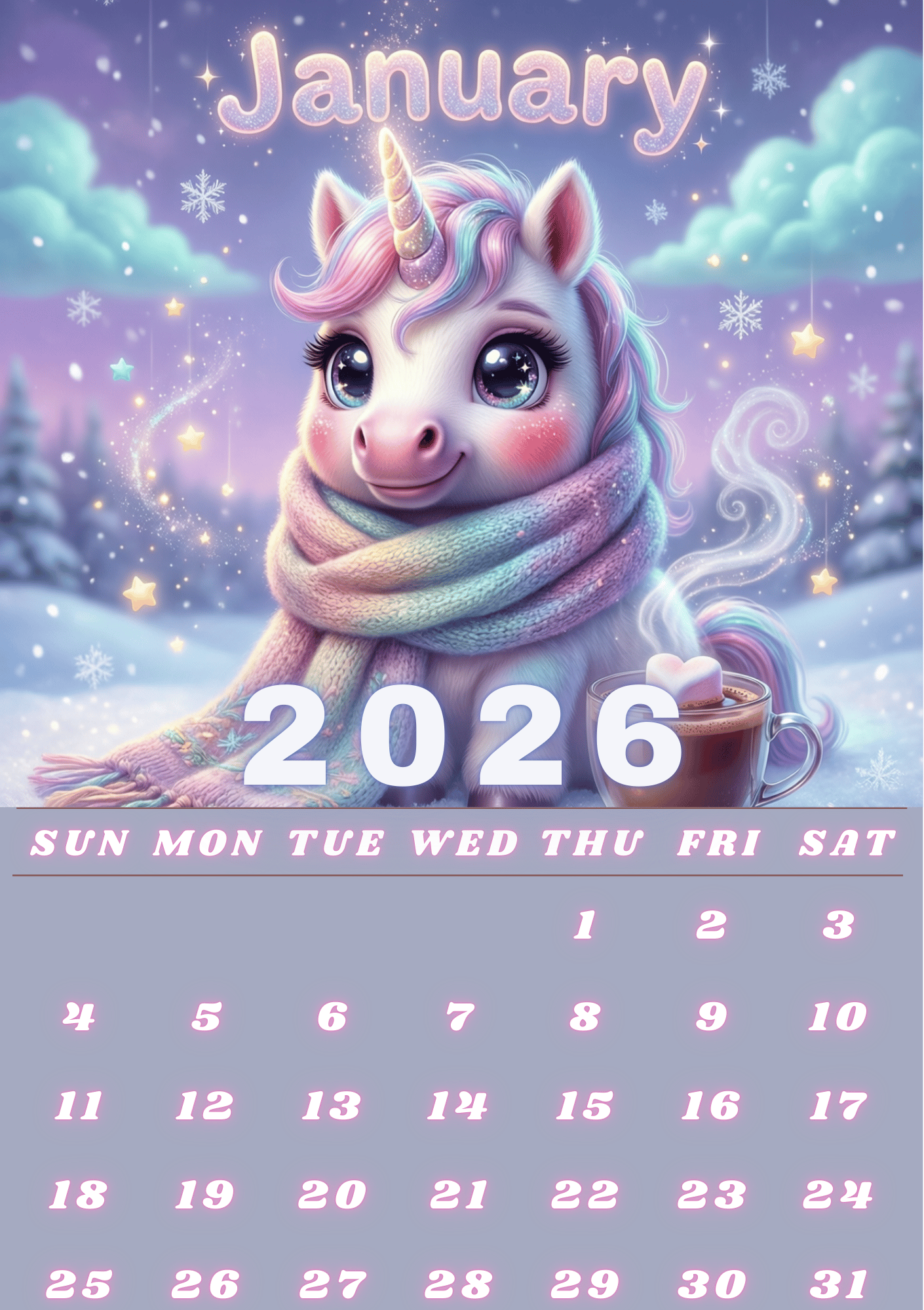 2026 Cute Kawaii Unicorn Monthly Calendar | 13 Pages | A4 Printable ...
