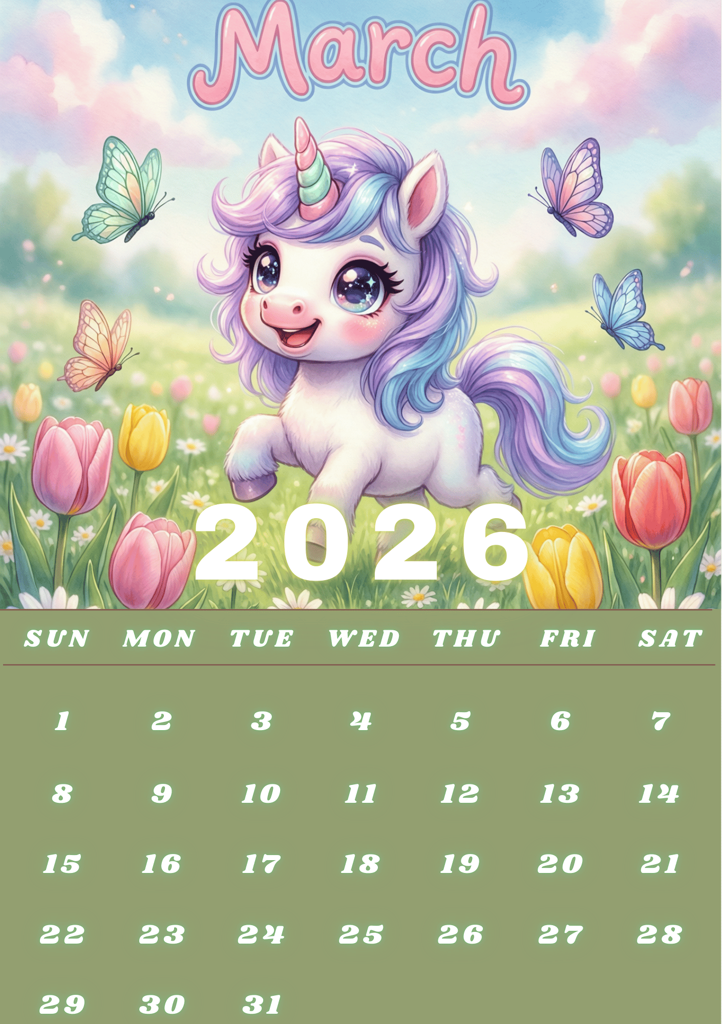 2026 Cute Kawaii Unicorn Monthly Calendar | 13 Pages | A4 Printable ...