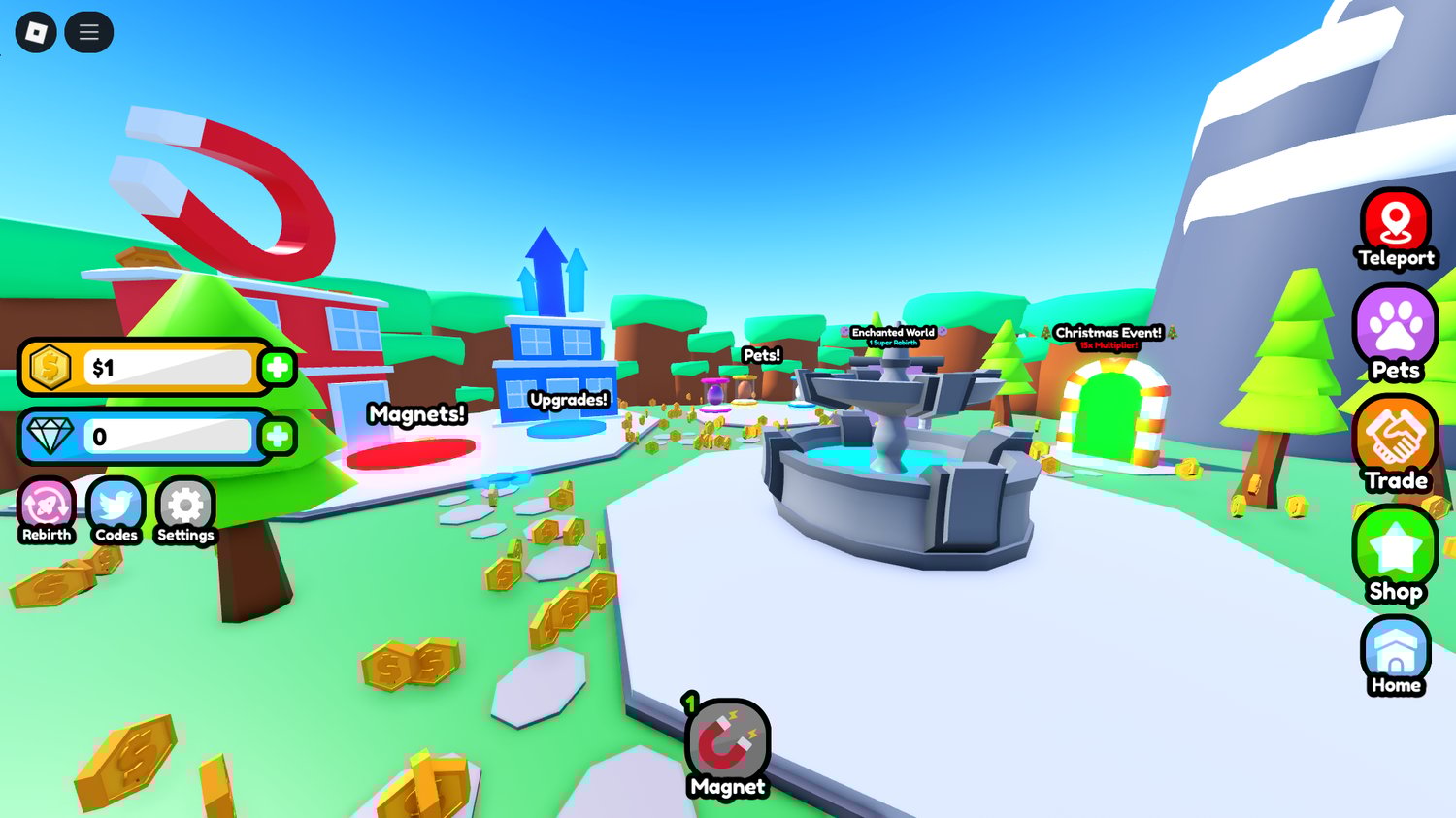 Magnet simulator collecting coins and leveling up
