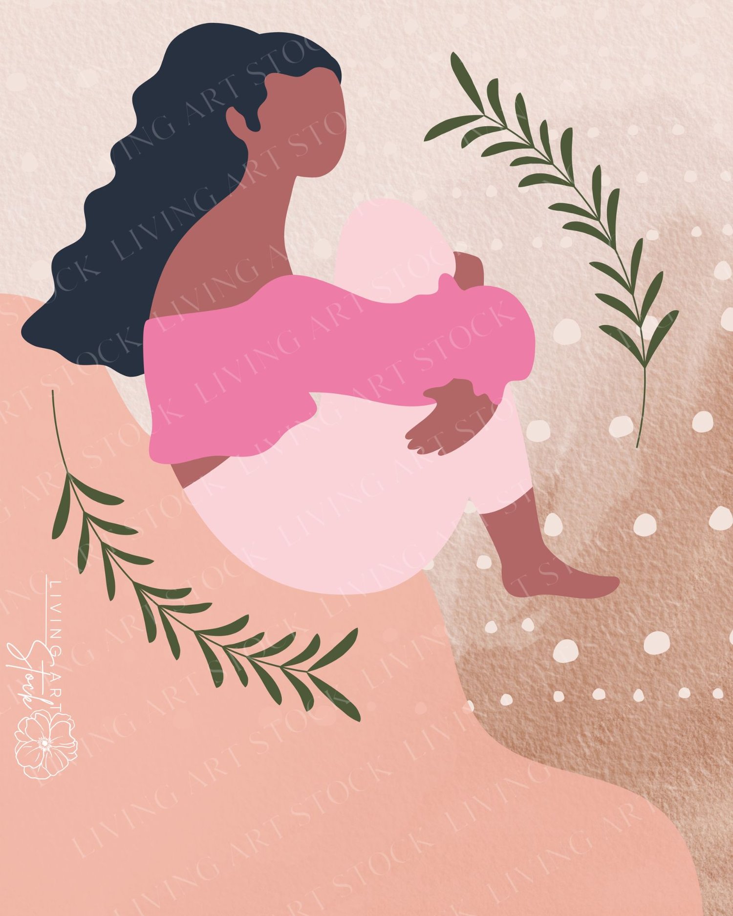 An elegant, flat-design vector illustration featuring a woman with long, dark wavy hair sitting in a relaxed, contemplative pose. She is wearing a vibrant pink off-the-shoulder top and light pink trousers, set against a background of soft peach and terrac