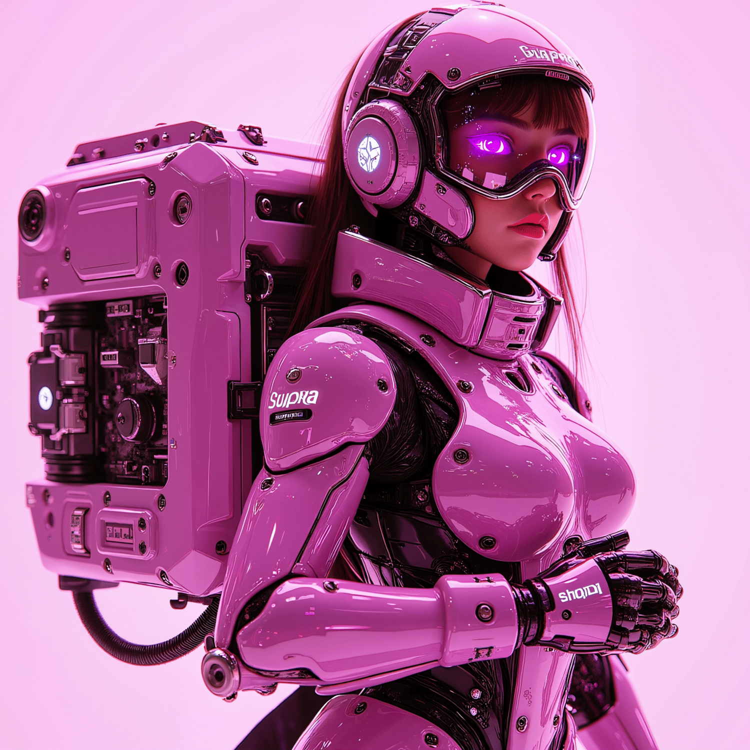 Cyberpunk mecha girl wallpaper collection cover with futuristic sci-fi armor and neon lighting