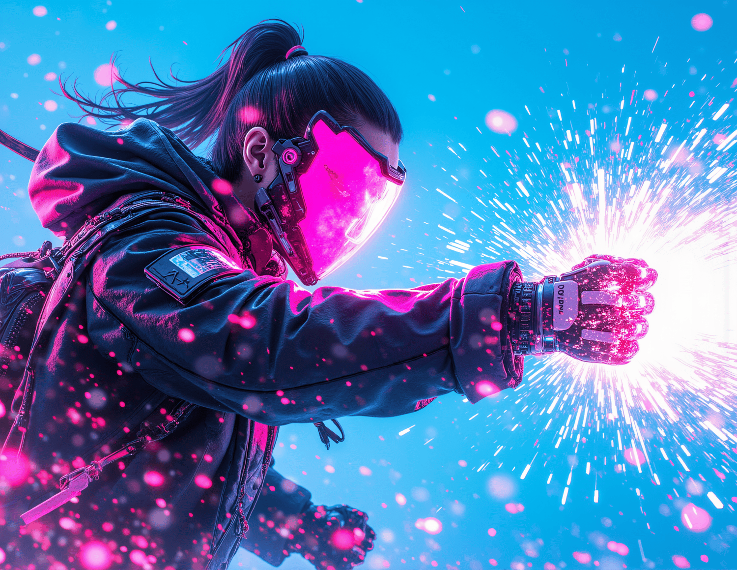 Futuristic cyberpunk girl wallpaper with a glowing pink energy blast, neon visor, and bright blue sci-fi background.