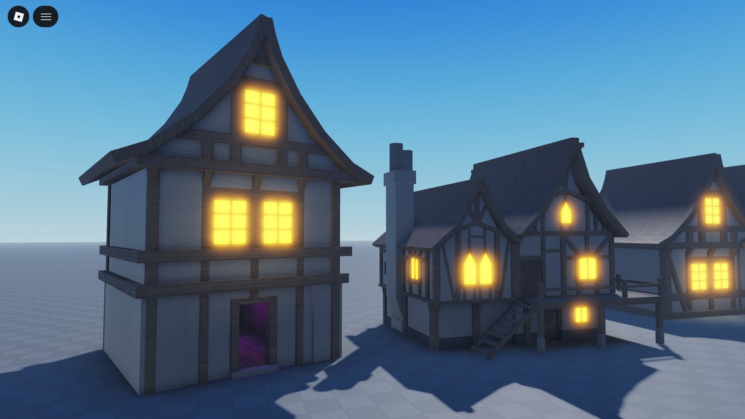 Stylized timber frame houses in Roblox medieval village