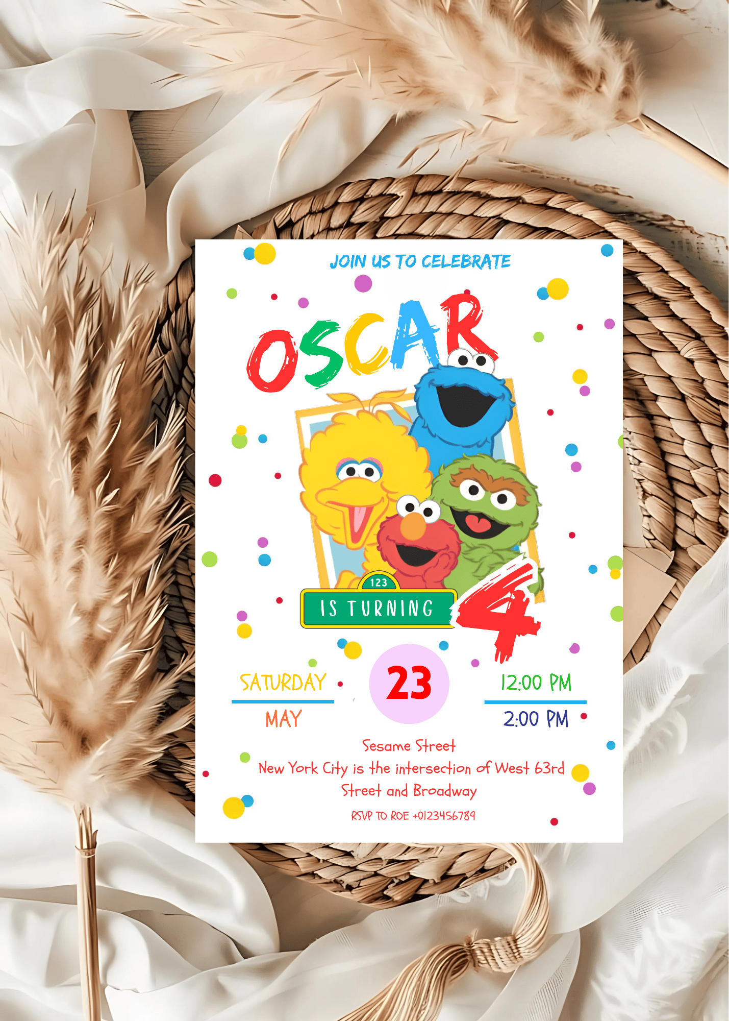 Celebrate your child’s special day with this Sesame Street Birthday Invitation Template featuring fun Oscar the Grouch, Elmo, Big Bird, and Cookie Monster–inspired characters. This colorful editable Canva birthday invitation is perfect for toddler and kid