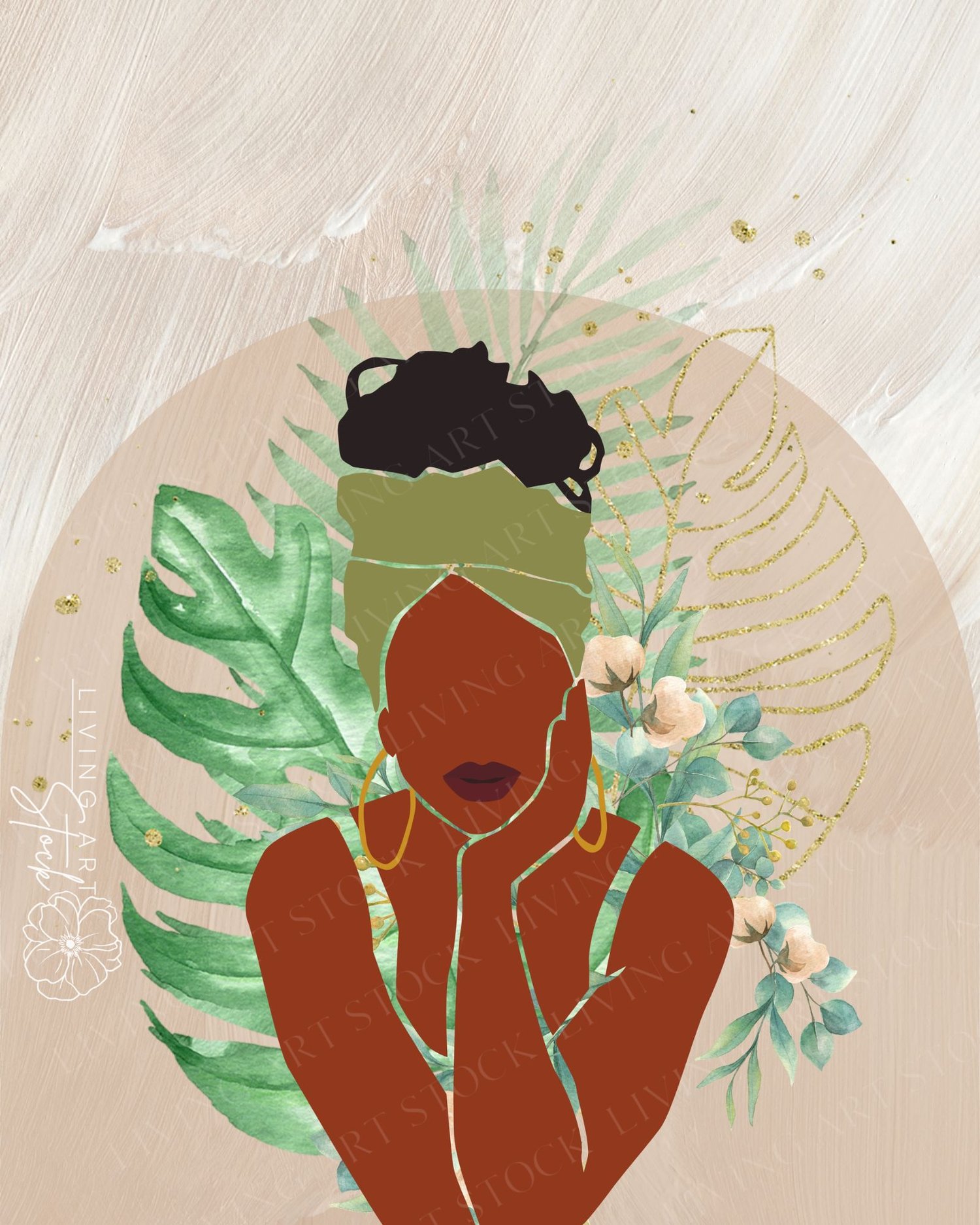 A modern, faceless digital portrait of an African American woman in a contemplative pose, resting her chin on her hand. She wears a stylish olive green headwrap and large gold hoop earrings, set against a backdrop of lush green tropical monstera and palm 