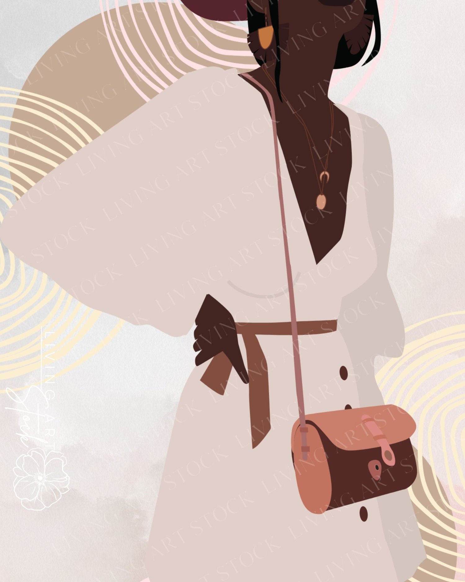 A stylish digital illustration of a Black woman from a mid-length perspective, emphasizing modern summer fashion. She is wearing a cream-colored, V-neck button-down dress with a brown waist tie and a matching terracotta crossbody leather purse. The charac