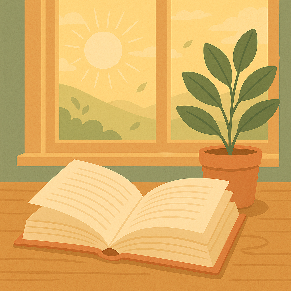 Illustration of an open book on a table beside a potted plant, with sunlight streaming through a window.