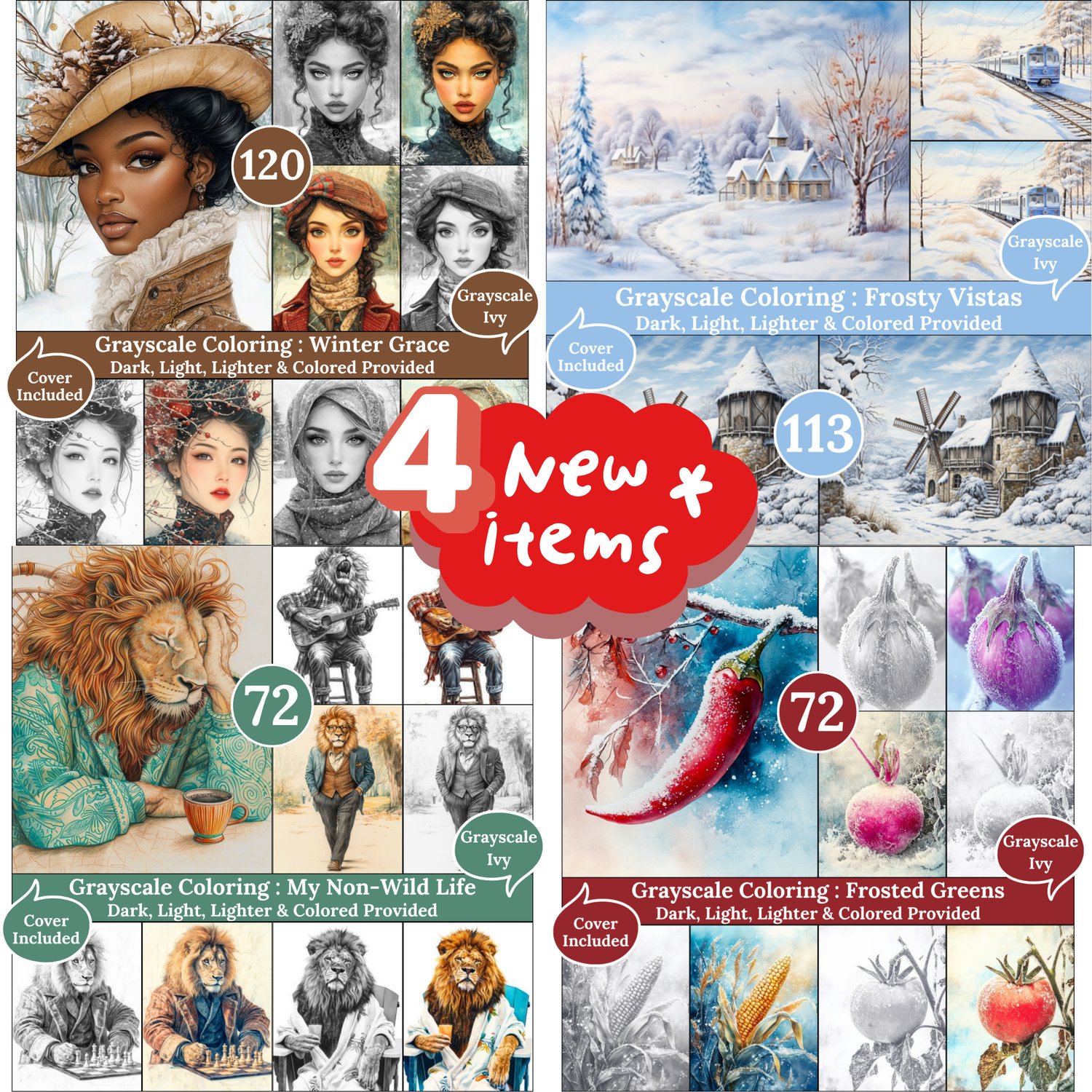 Grayscale Ivy New Arrivals — January 10, 2026 4 New Grayscale Coloring Books for Adults – Printable Digital PDFs