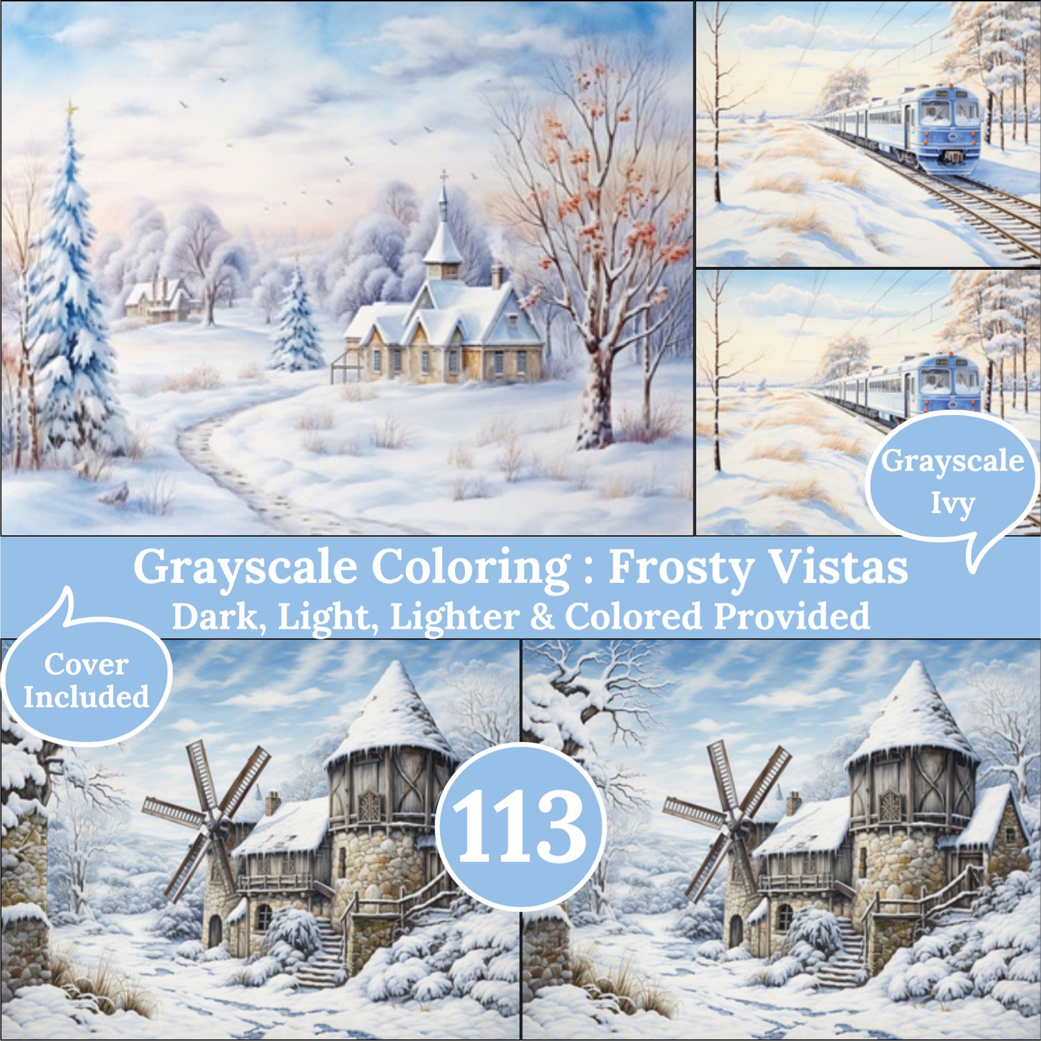 Frosty Vista, 113 Coloring Pages, Grayscale Drawings, Dark Light Lighter and Colored Versions, Digital Art Sheets, Winter Landscape