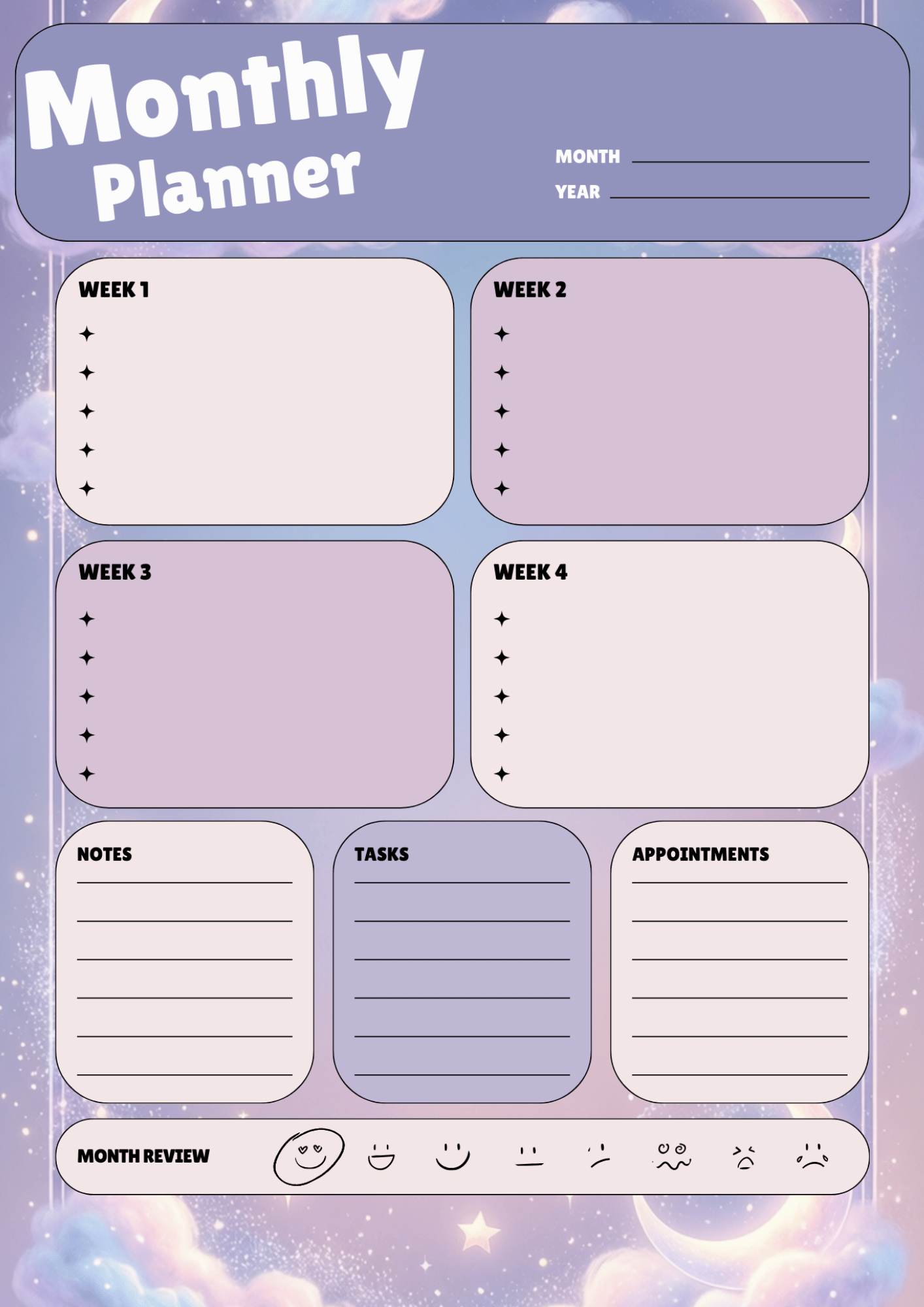 Dreamy Moon & Stars Kawaii Planner | Pastel Night Sky Frame - Payhip