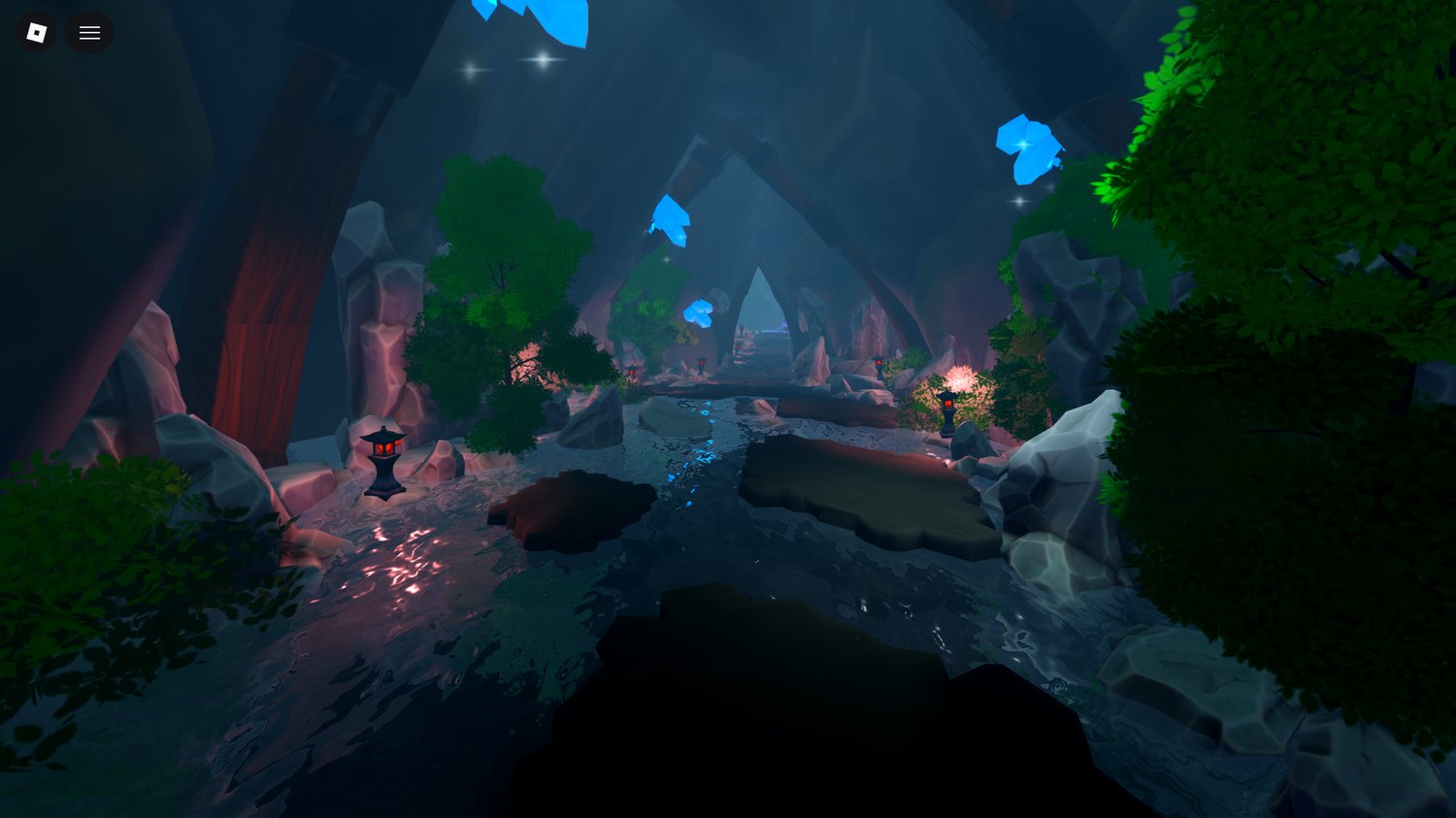 A large Roblox fantasy cavern featuring glowing crystals, layered terrain, waterfalls, and atmospheric lighting for exploration, combat, or puzzle gameplay.