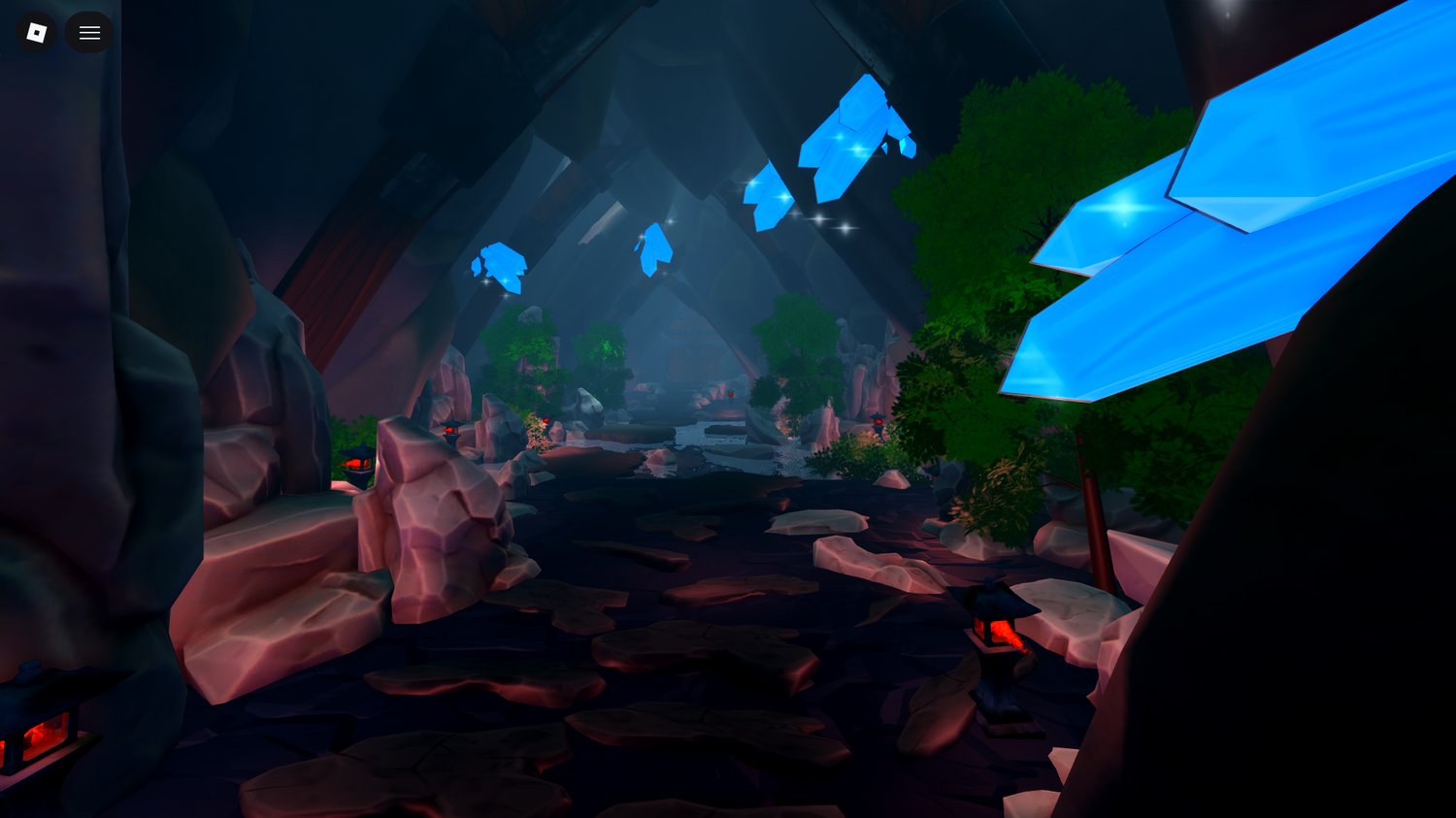 Floating and embedded crystals illuminating the environment in Roblox